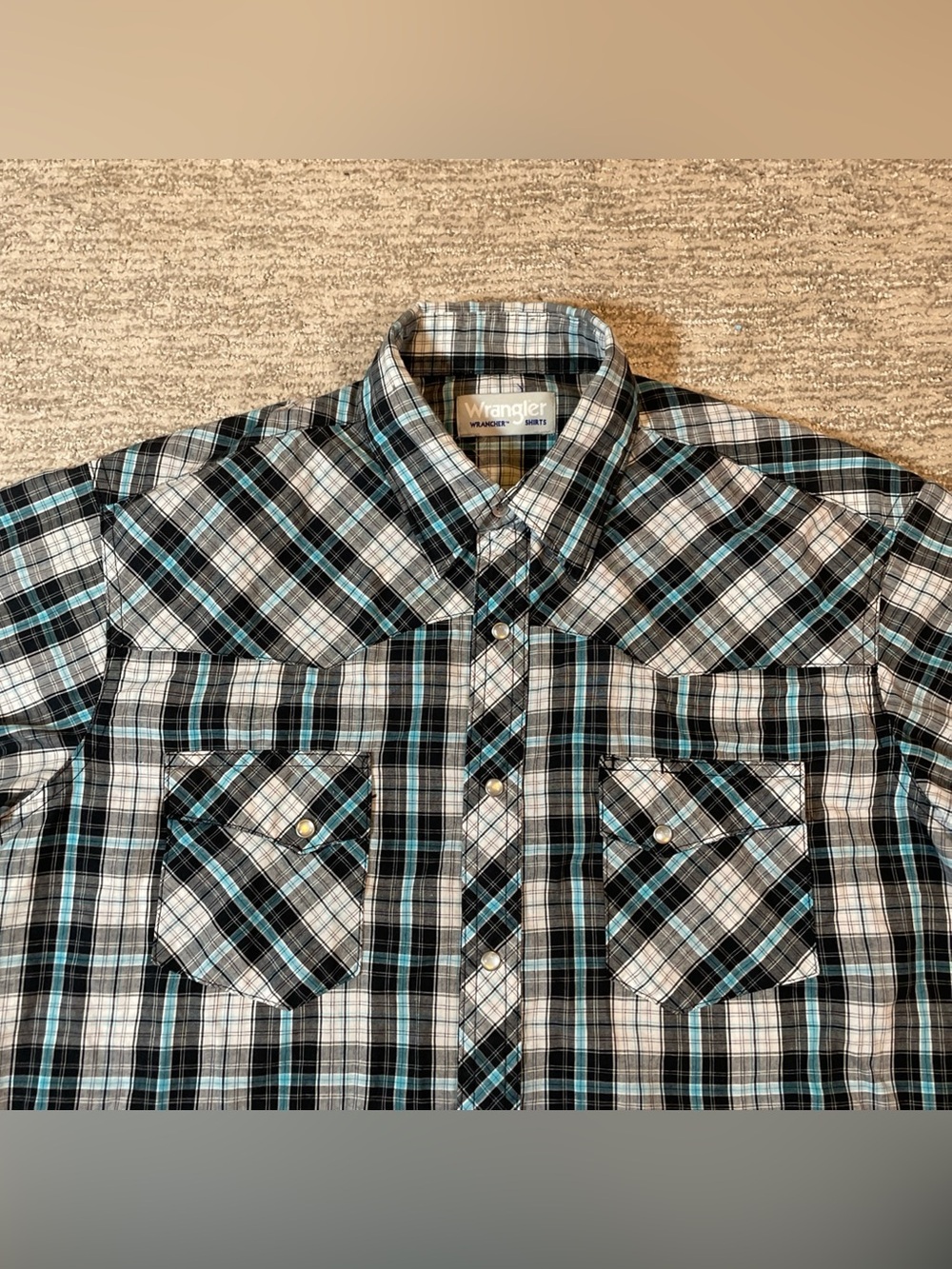 Wrangler Wrancher Pearl Snap Western Shirt Men's L Plaid Cowboy Size Blue Black